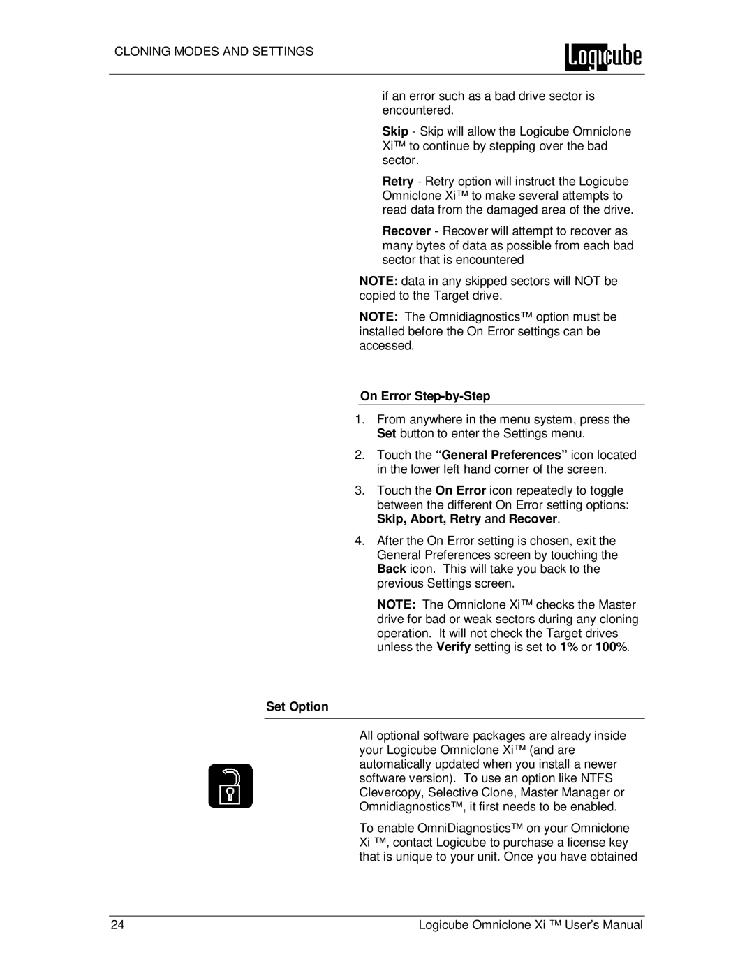 Logicube Omniclone Xi user manual On Error Step-by-Step, Set Option 