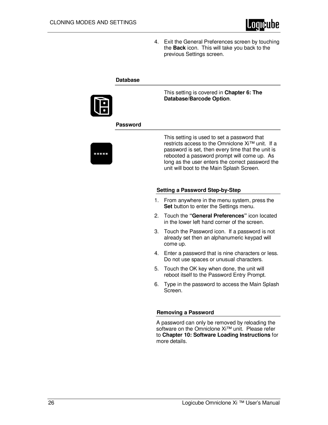 Logicube Omniclone Xi Database/Barcode Option Password, Setting a Password Step-by-Step, Removing a Password 