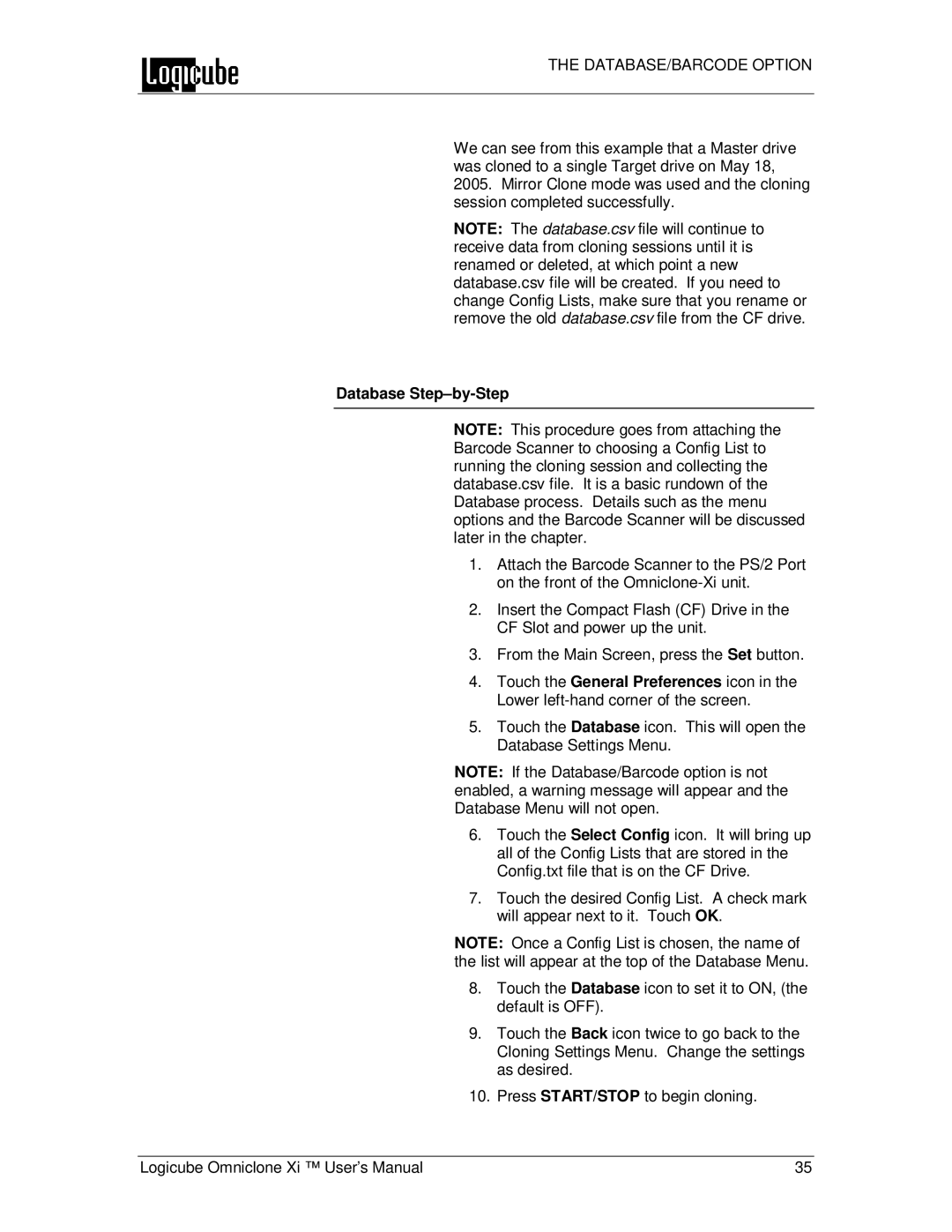 Logicube Omniclone Xi user manual Database Step-by-Step 