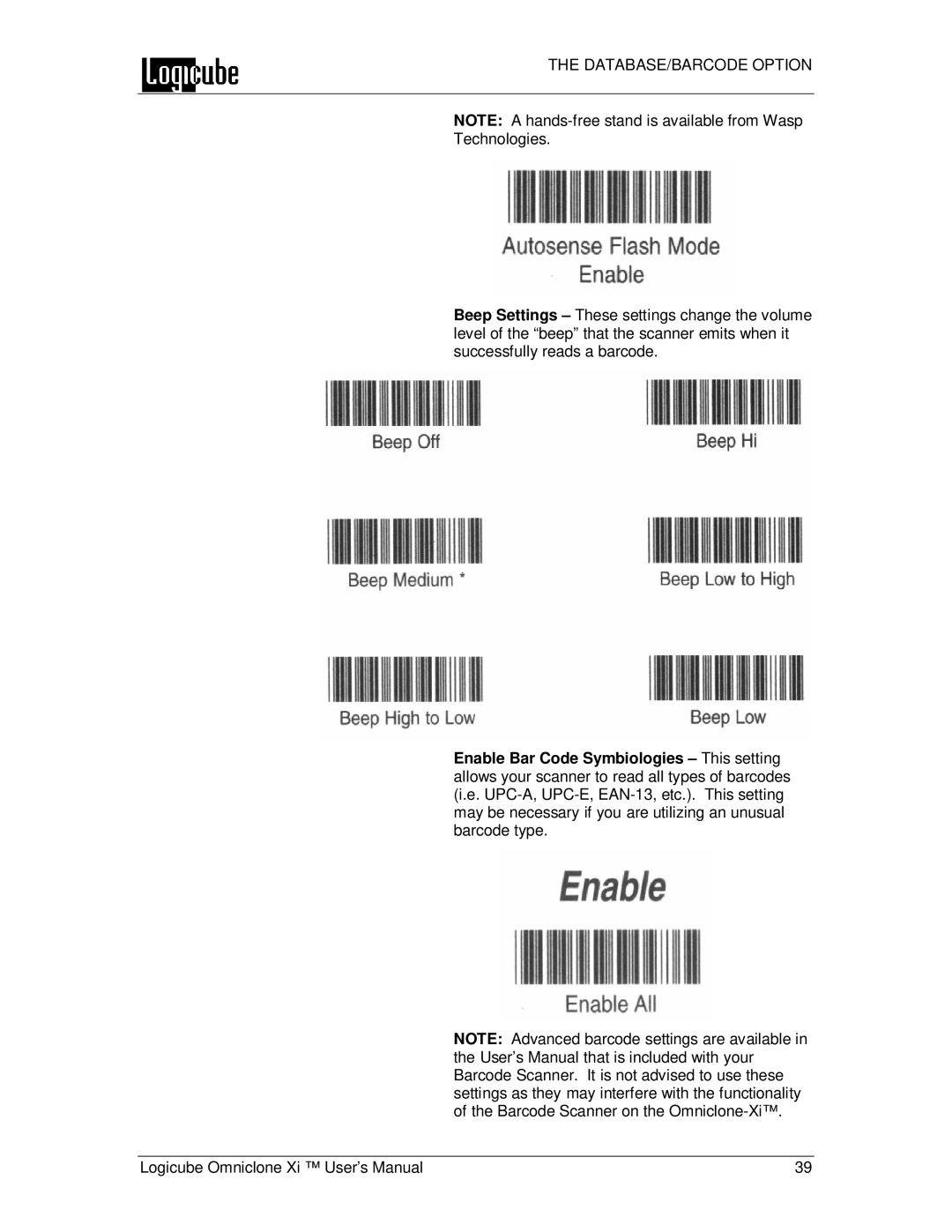 Logicube Omniclone Xi user manual DATABASE/BARCODE Option 