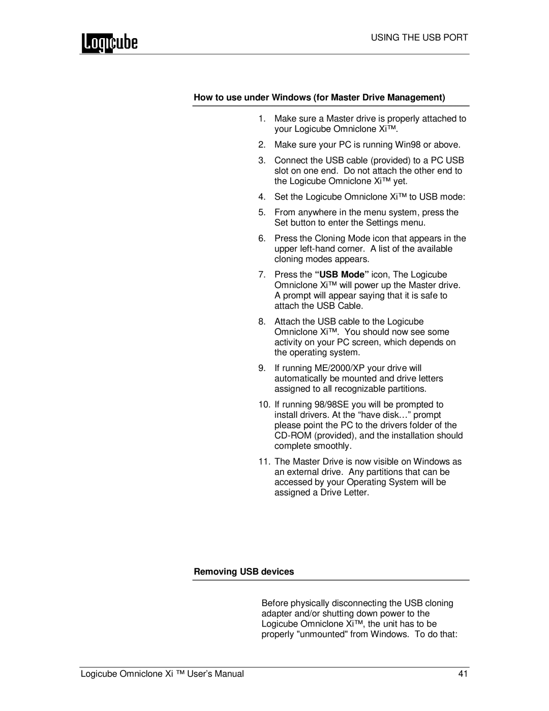 Logicube Omniclone Xi user manual How to use under Windows for Master Drive Management, Removing USB devices 