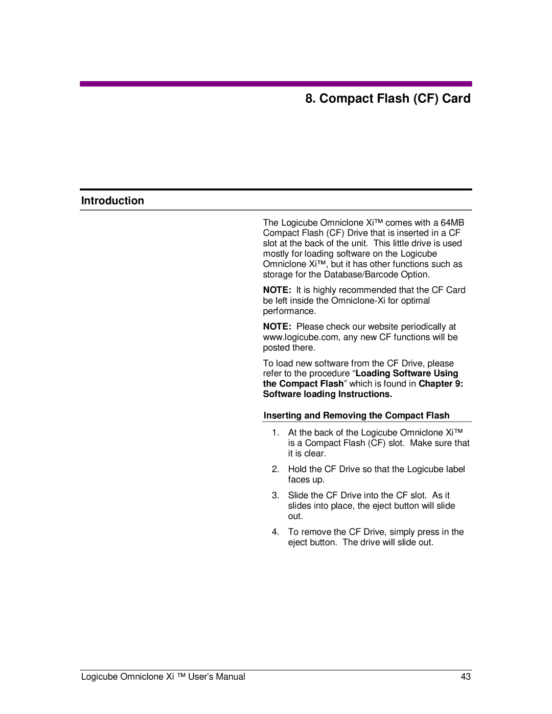 Logicube Omniclone Xi user manual Compact Flash CF Card, Introduction 