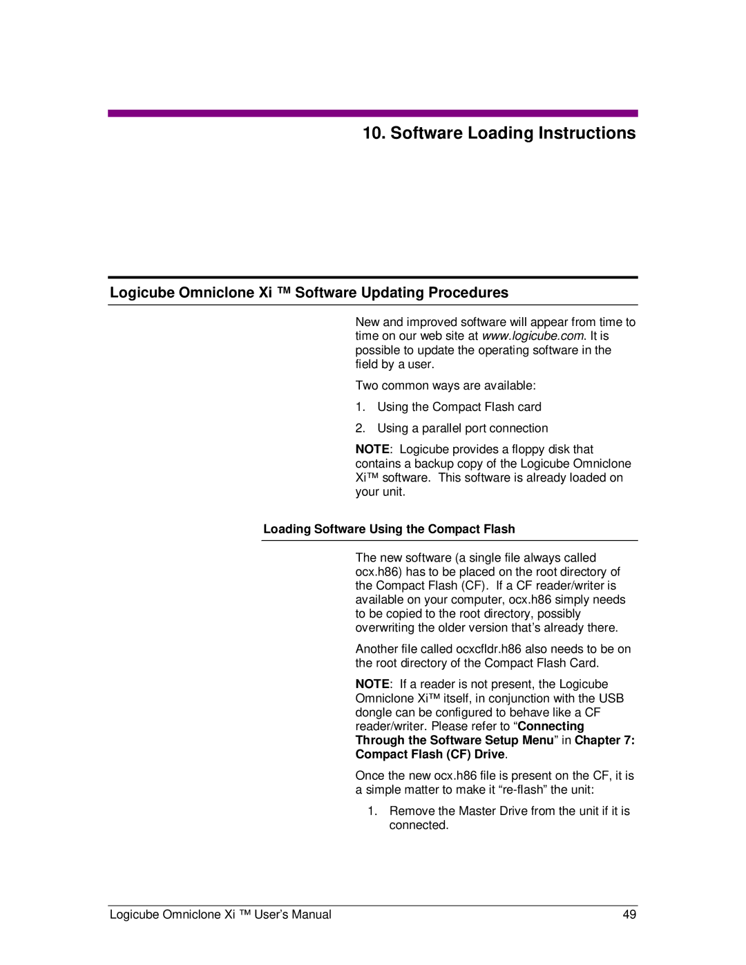 Logicube user manual Software Loading Instructions, Logicube Omniclone Xi Software Updating Procedures 