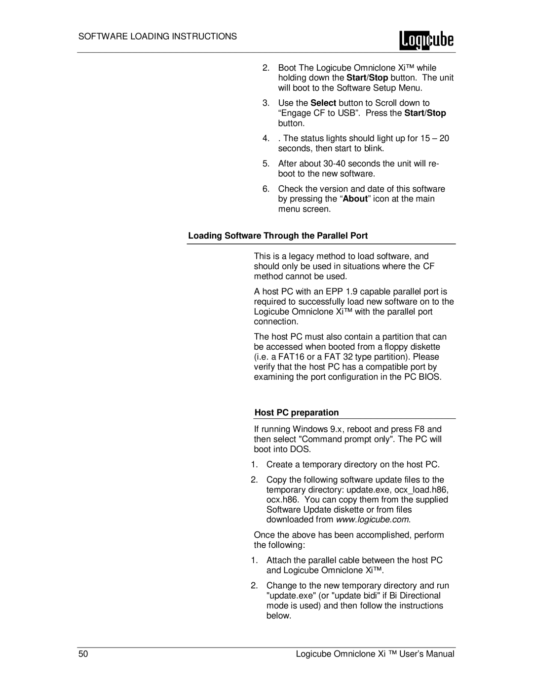 Logicube Omniclone Xi user manual Software Loading Instructions, Host PC preparation 