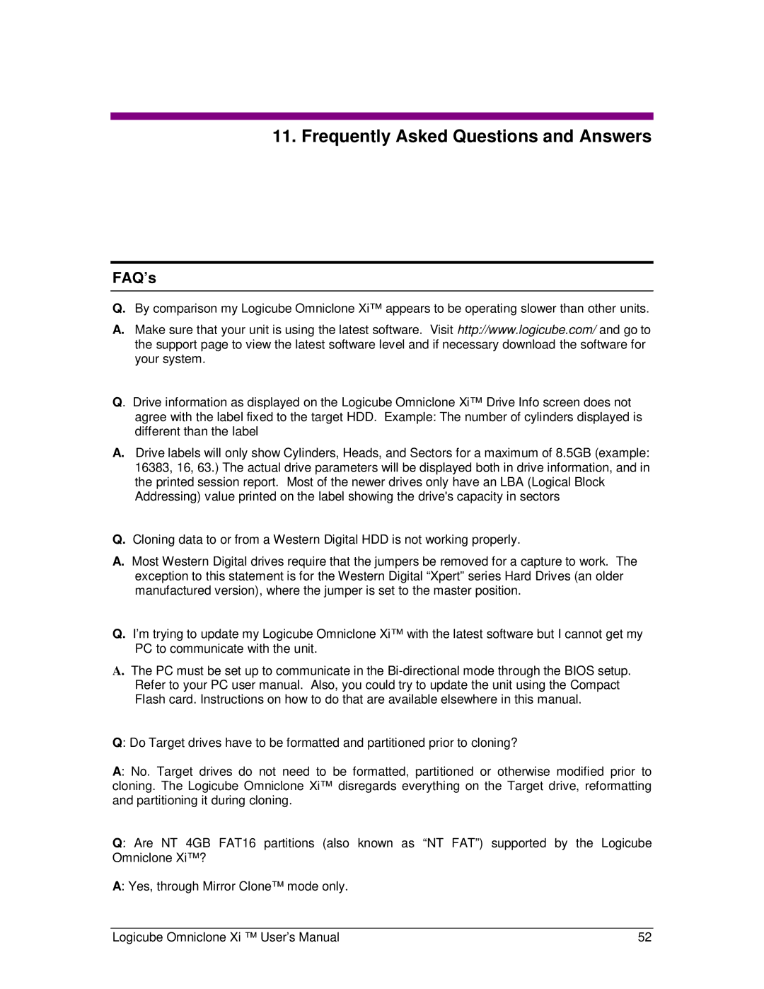 Logicube Omniclone Xi user manual Frequently Asked Questions and Answers, FAQ’s 