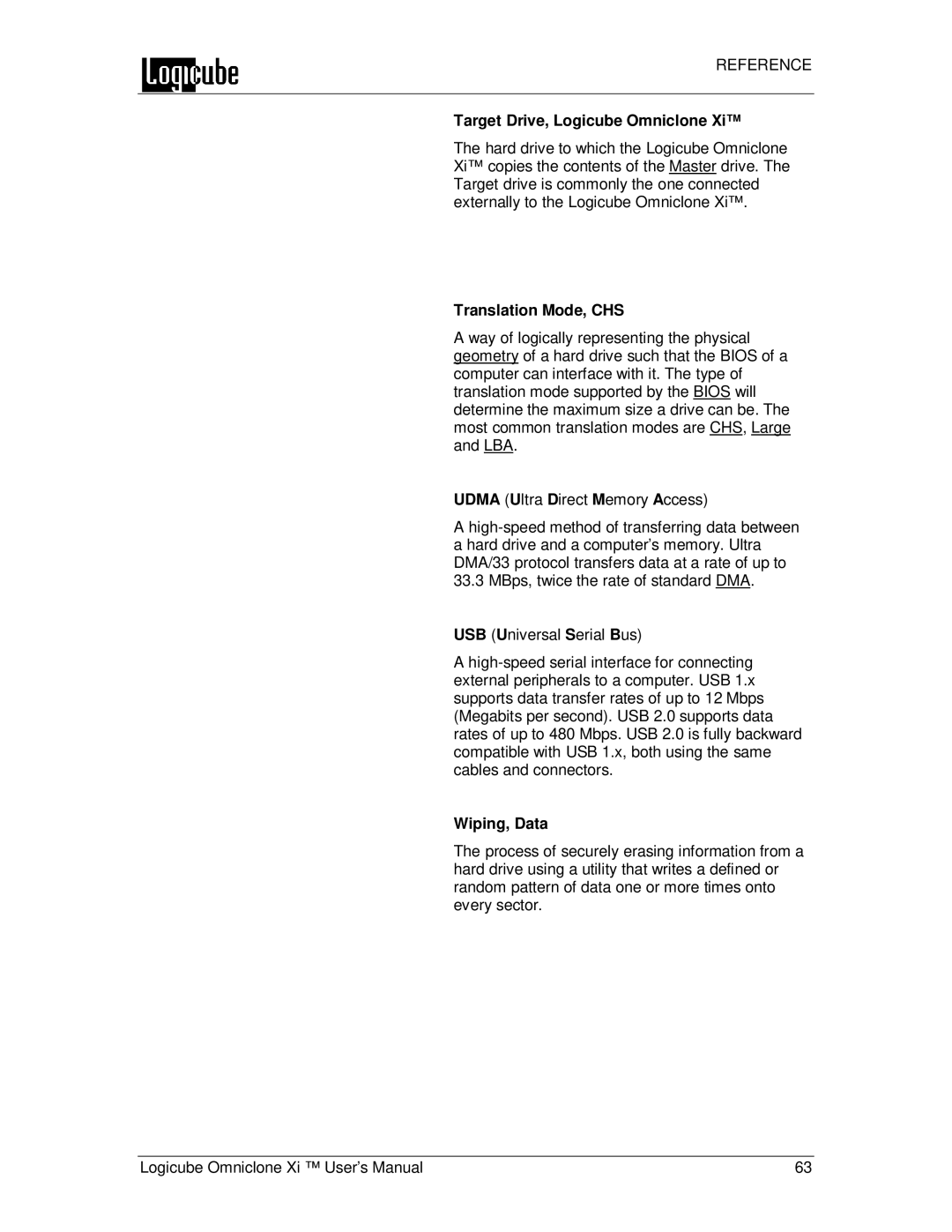 Logicube Omniclone Xi user manual Target Drive, Logicube Omniclone, Translation Mode, CHS, Wiping, Data 