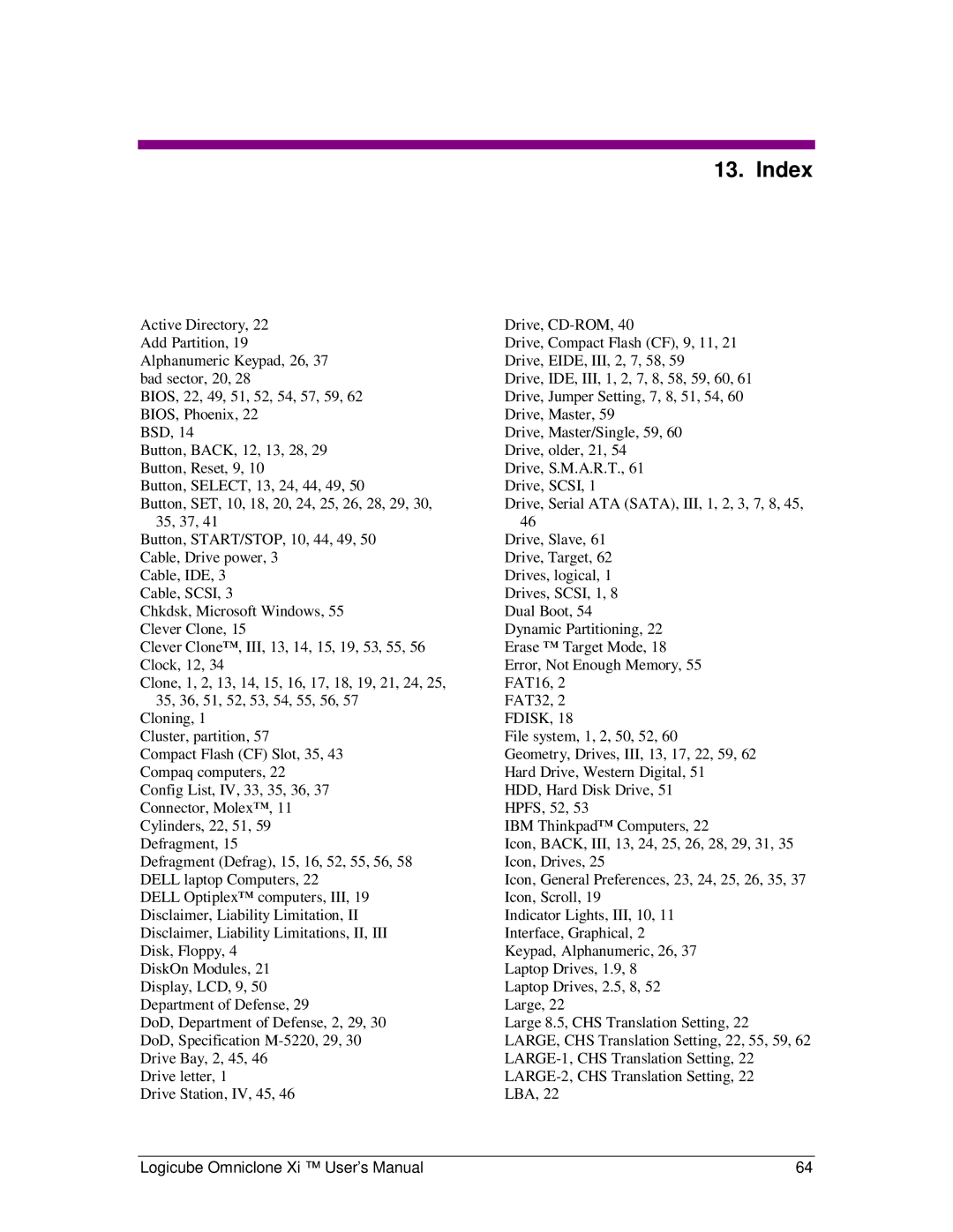 Logicube Omniclone Xi user manual Index, Fdisk 