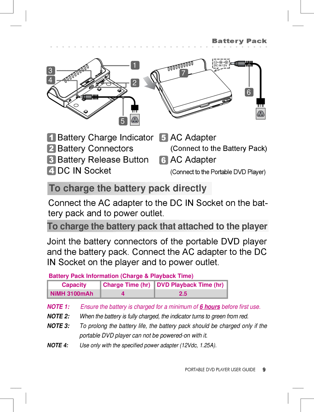 Logik LPD850 manual To charge the battery pack directly 