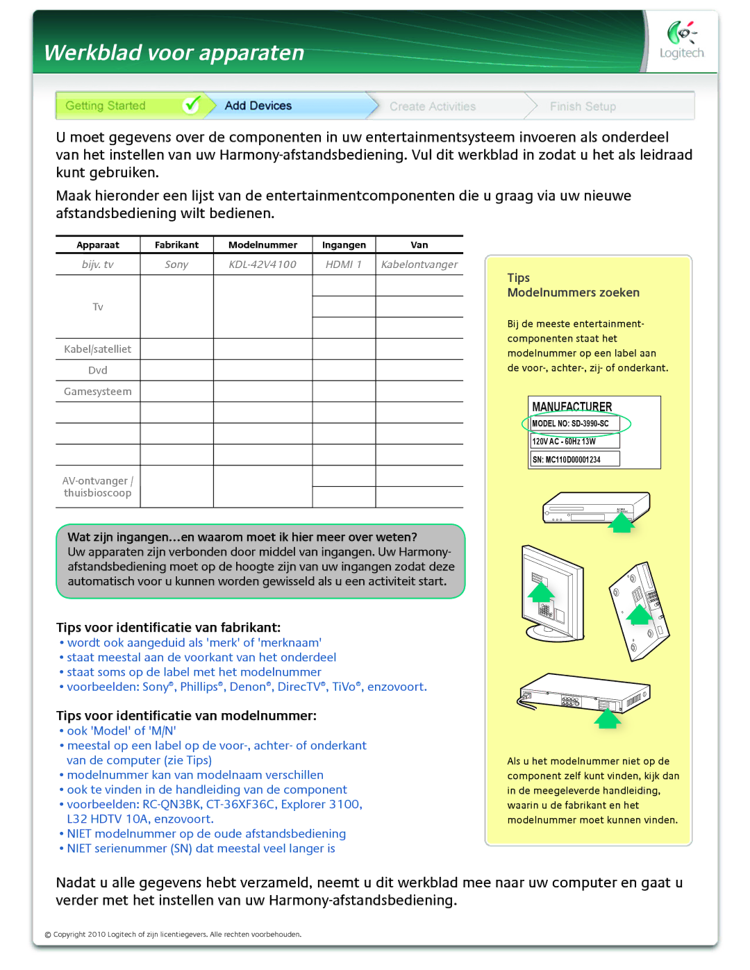 Logitech 1 manual Werkblad voor apparaten 