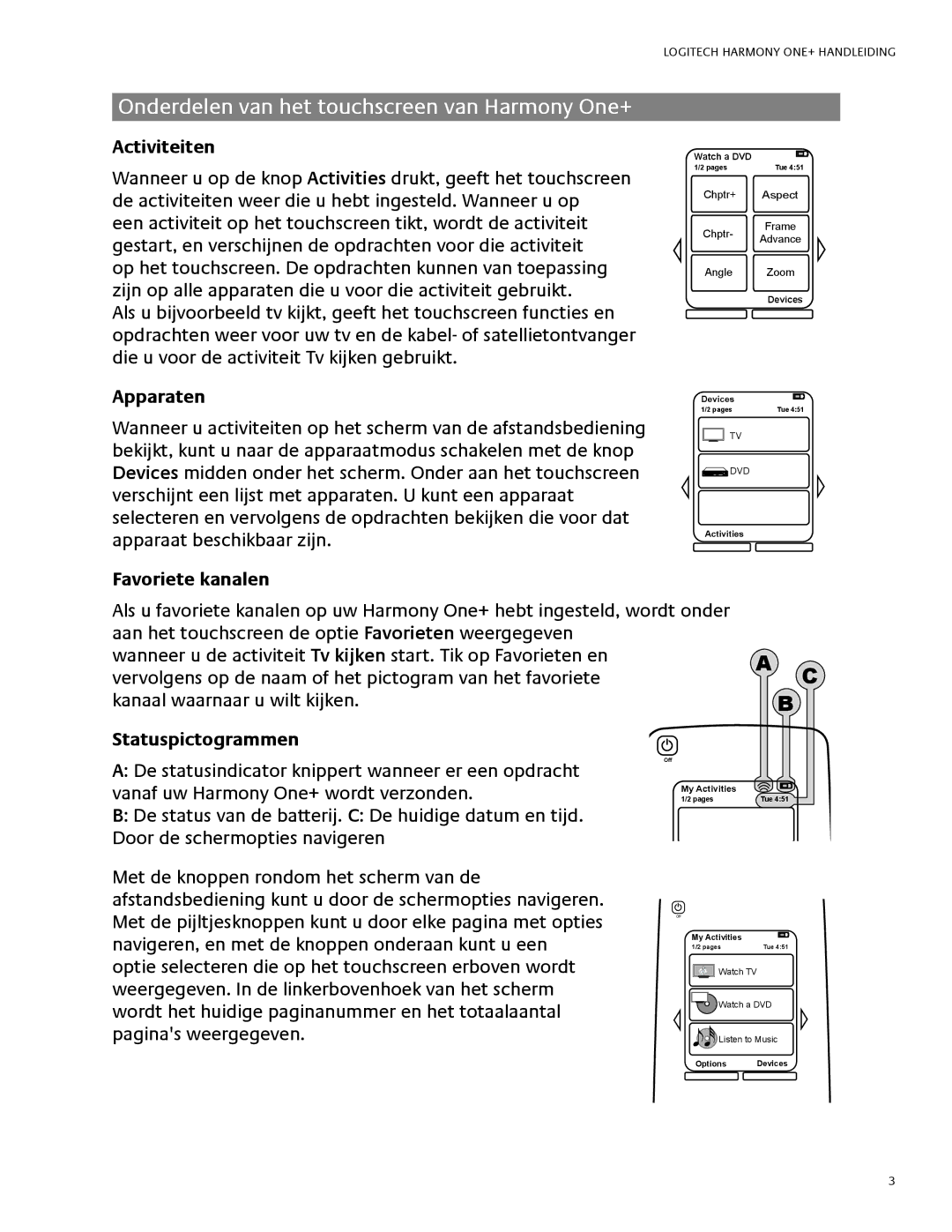 Logitech 1 manual Onderdelen van het touchscreen van Harmony One+, Favoriete kanalen, Statuspictogrammen 