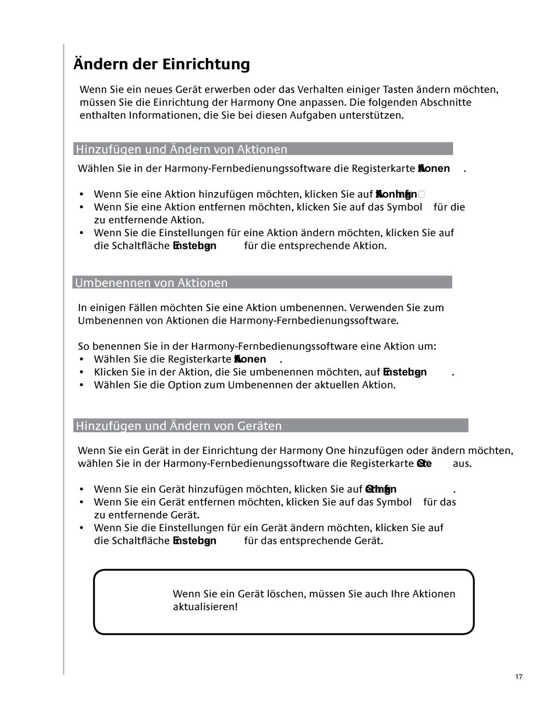 Logitech 1 user manual Ändern der Einrichtung, Hinzufügen und Ändern von Aktionen, Umbenennen von Aktionen 