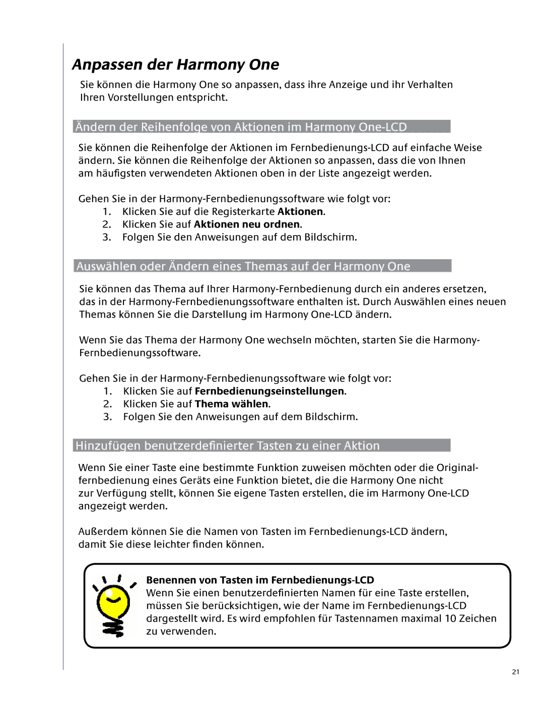 Logitech 1 user manual Anpassen der Harmony One, Benennen von Tasten im Fernbedienungs-LCD 