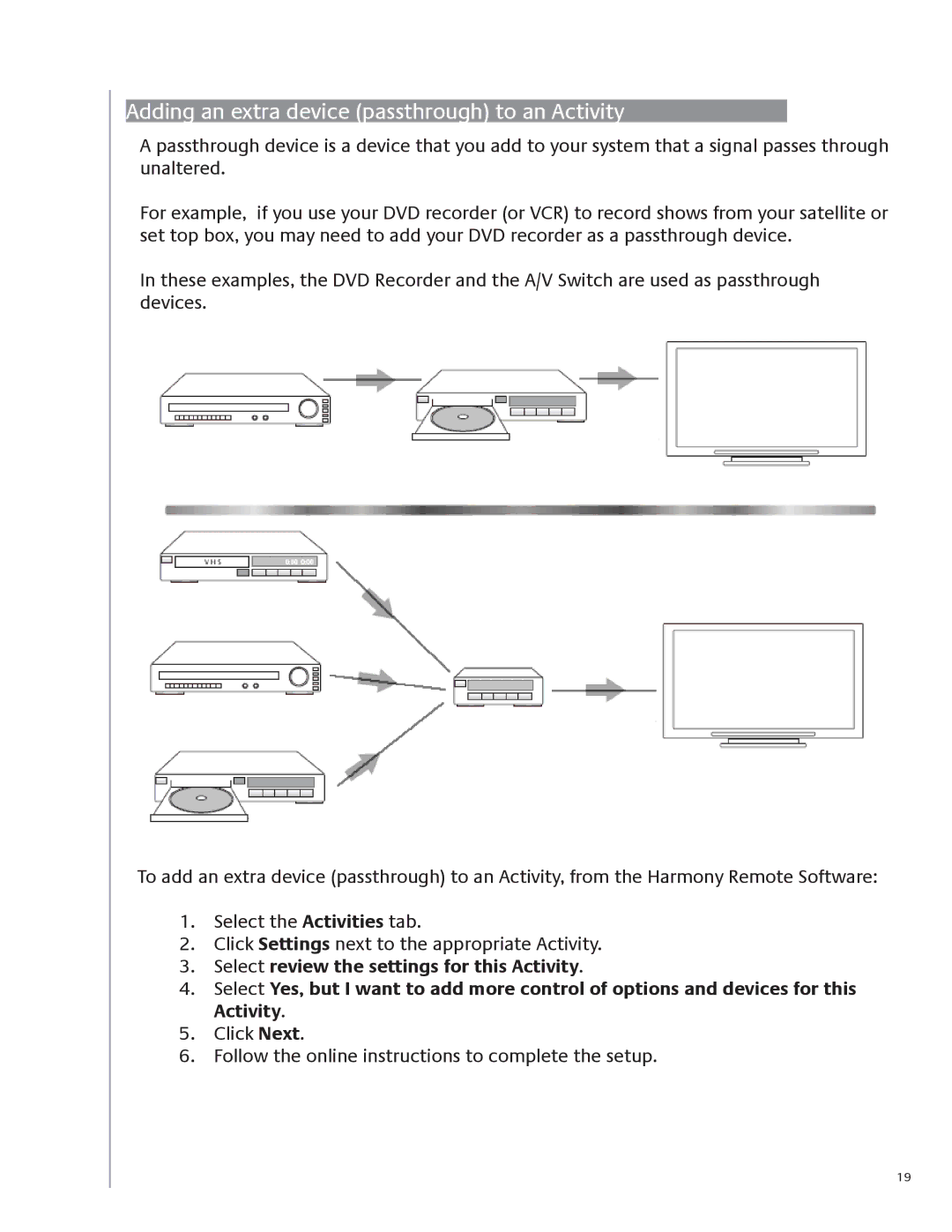 Logitech 1100 user manual Adding an extra device passthrough to an Activity 