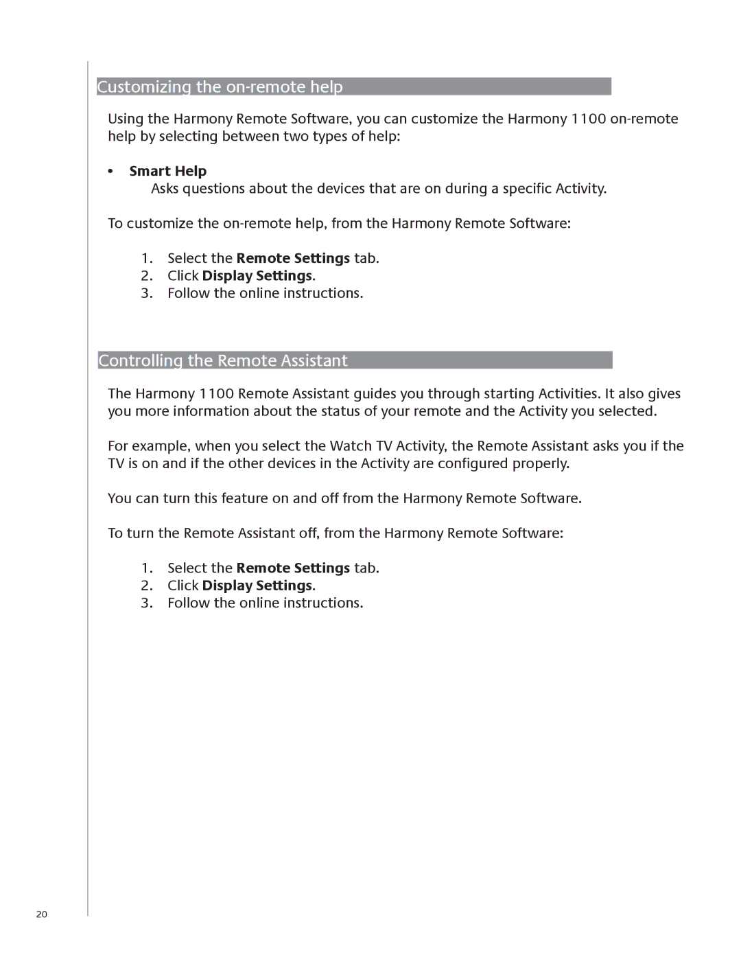 Logitech 1100 user manual Customizing the on-remote help, Controlling the Remote Assistant, Smart Help 