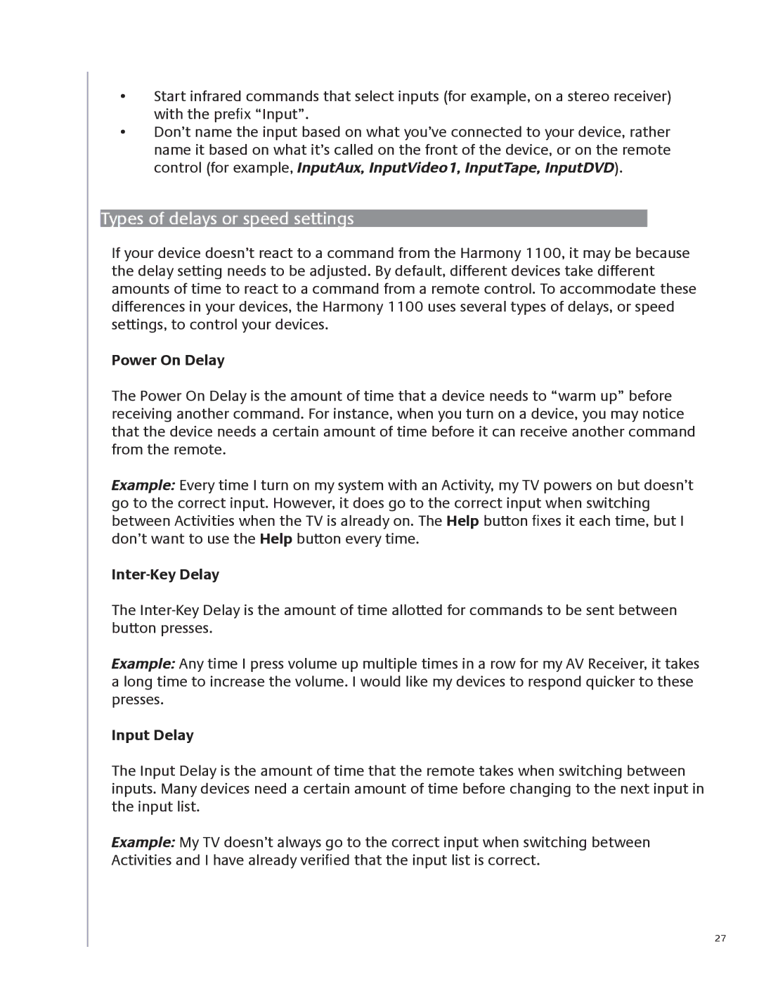 Logitech 1100 user manual Types of delays or speed settings, Power On Delay, Inter-Key Delay, Input Delay 