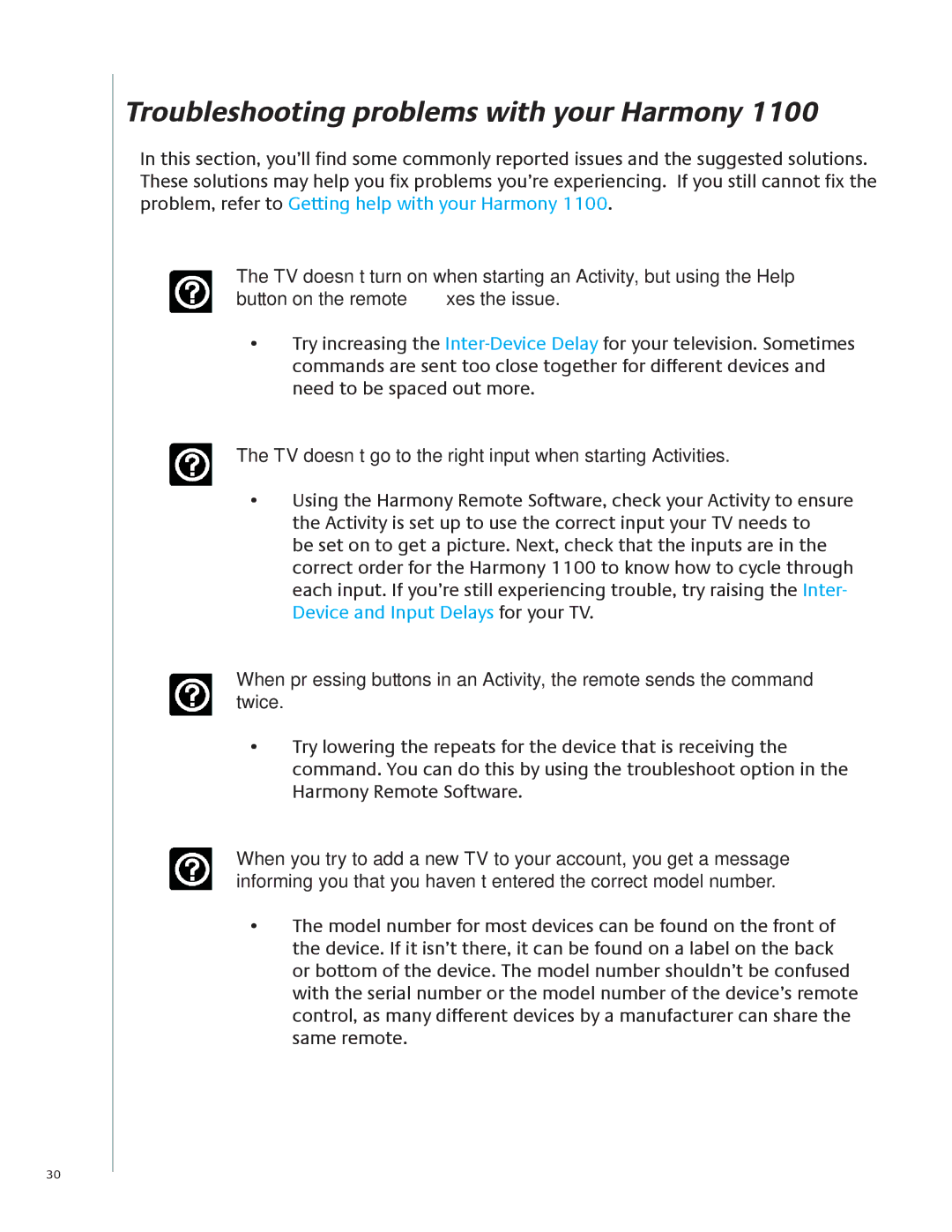 Logitech 1100 Troubleshooting problems with your Harmony, TV doesn’t go to the right input when starting Activities 