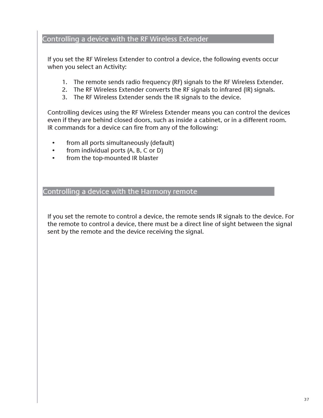 Logitech 1100 user manual Controlling a device with the RF Wireless Extender, Controlling a device with the Harmony remote 