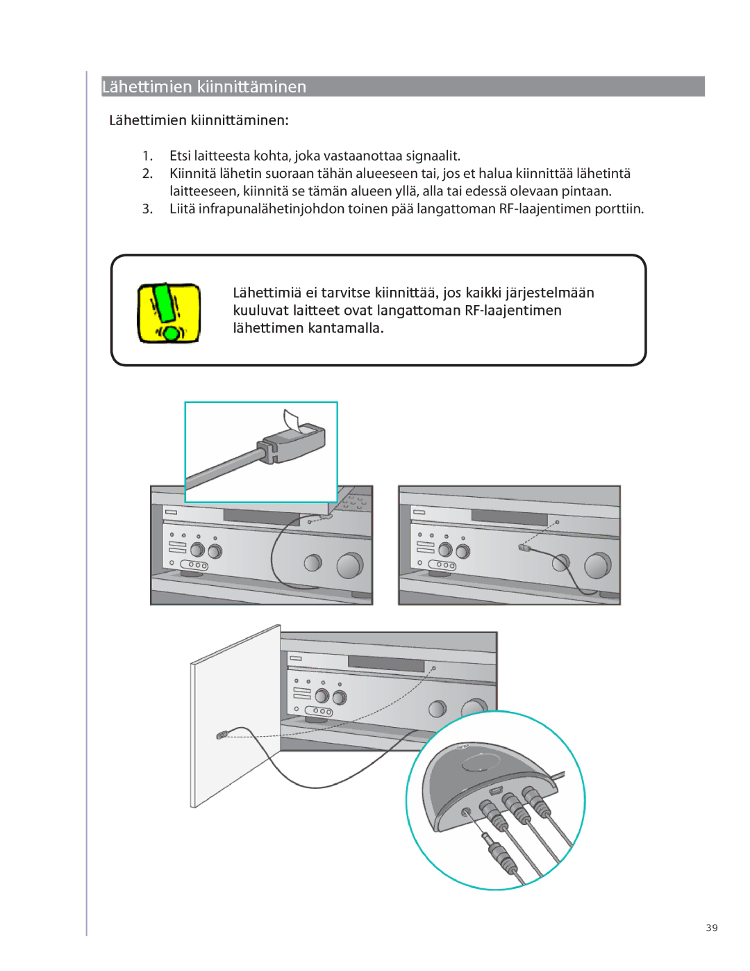 Logitech 1100 user manual Lähettimien kiinnittäminen 