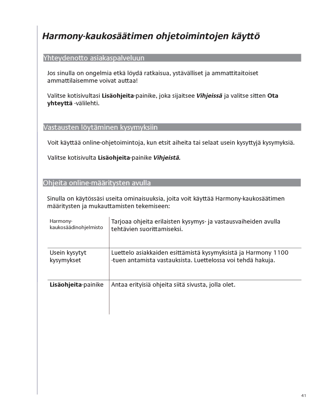 Logitech 1100 user manual Harmony-kaukosäätimen ohjetoimintojen käyttö, Yhteydenotto asiakaspalveluun, Lisäohjeita-painike 