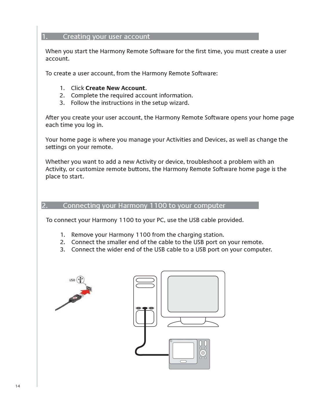 Logitech user manual Connecting your Harmony 1100 to your computer, Click Create New Account 