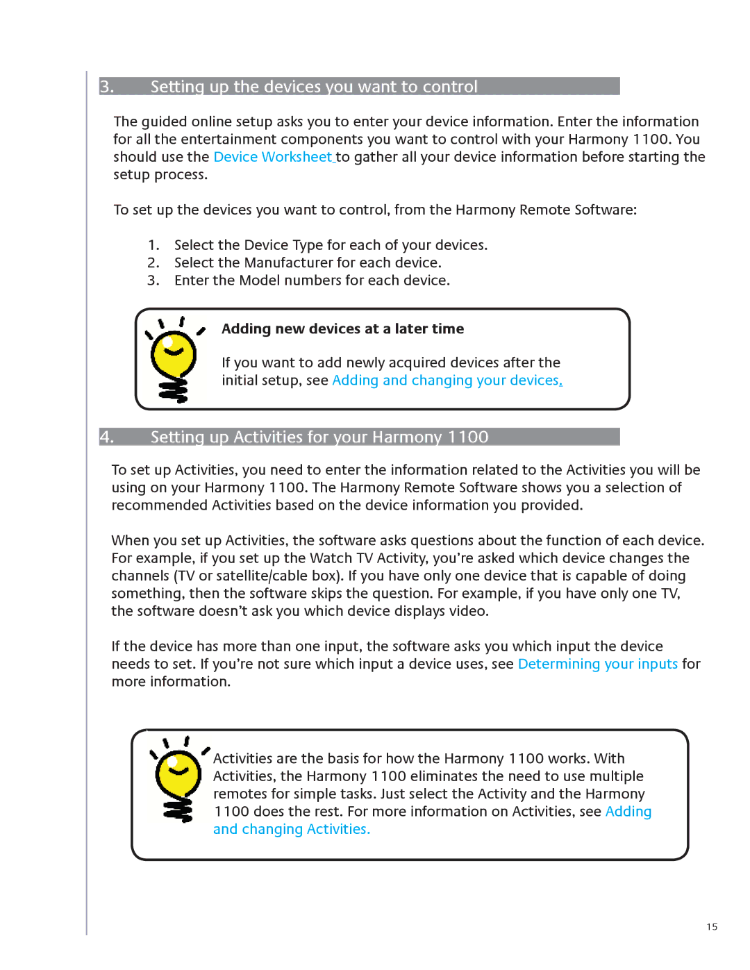 Logitech 1100 user manual Setting up the devices you want to control, Setting up Activities for your Harmony 