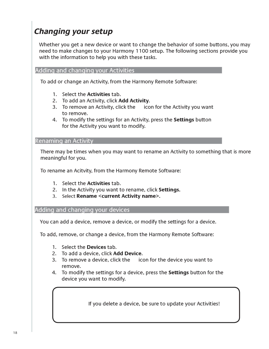 Logitech 1100 user manual Changing your setup, Adding and changing your Activities, Renaming an Activity 