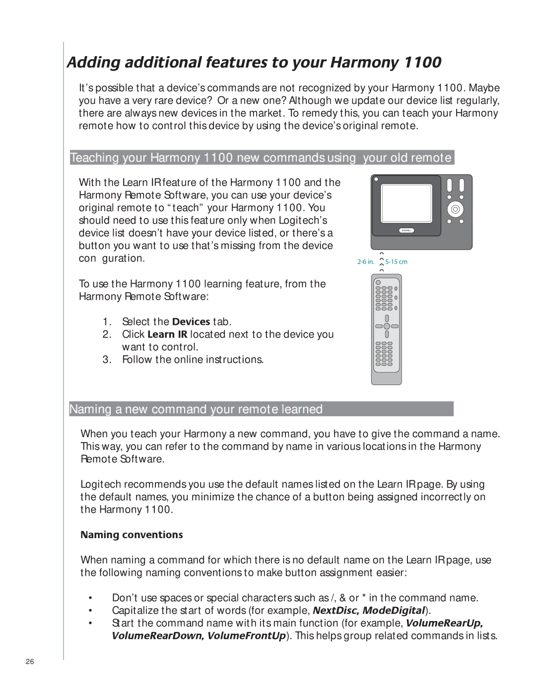 Logitech 1100 Adding additional features to your Harmony, Naming a new command your remote learned, Naming conventions 