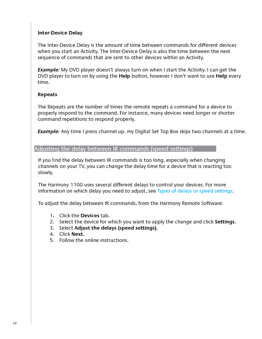 Logitech 1100 user manual Adjusting the delay between IR commands speed settings, Inter-Device Delay, Repeats 