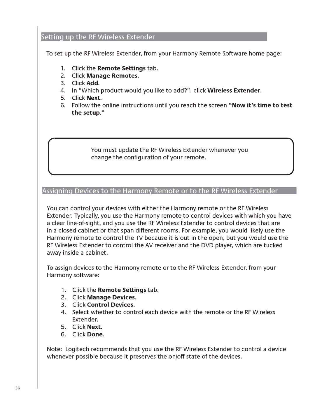 Logitech 1100 user manual Setting up the RF Wireless Extender, Click the Remote Settings tab Click Manage Remotes 