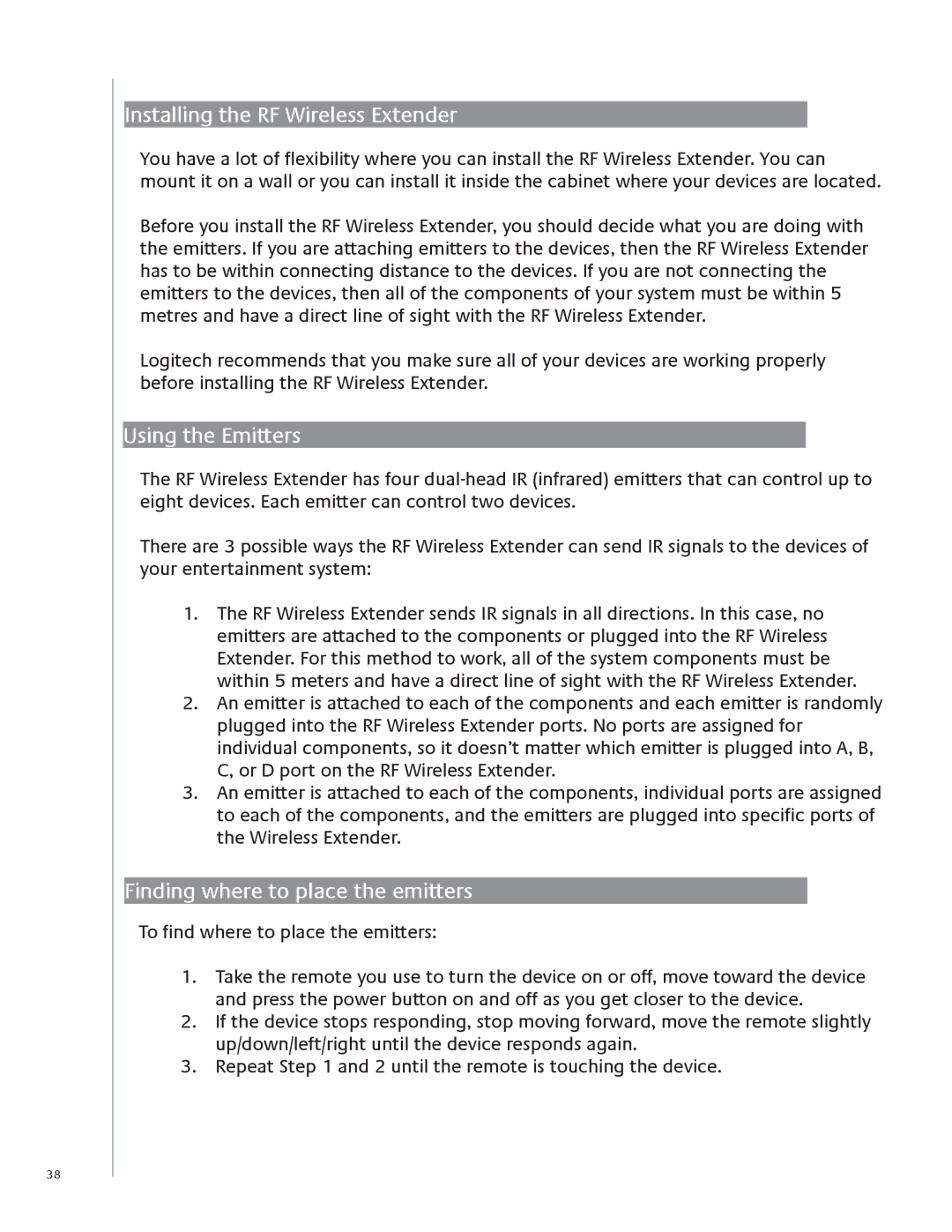 Logitech 1100 user manual Installing the RF Wireless Extender, Using the Emitters, Finding where to place the emitters 