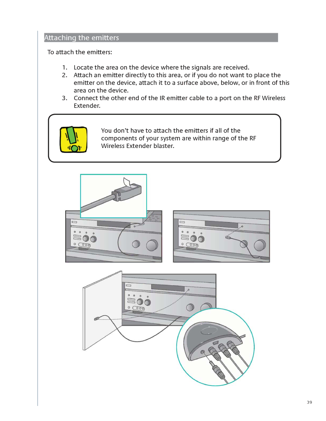 Logitech 1100 user manual Attaching the emitters 