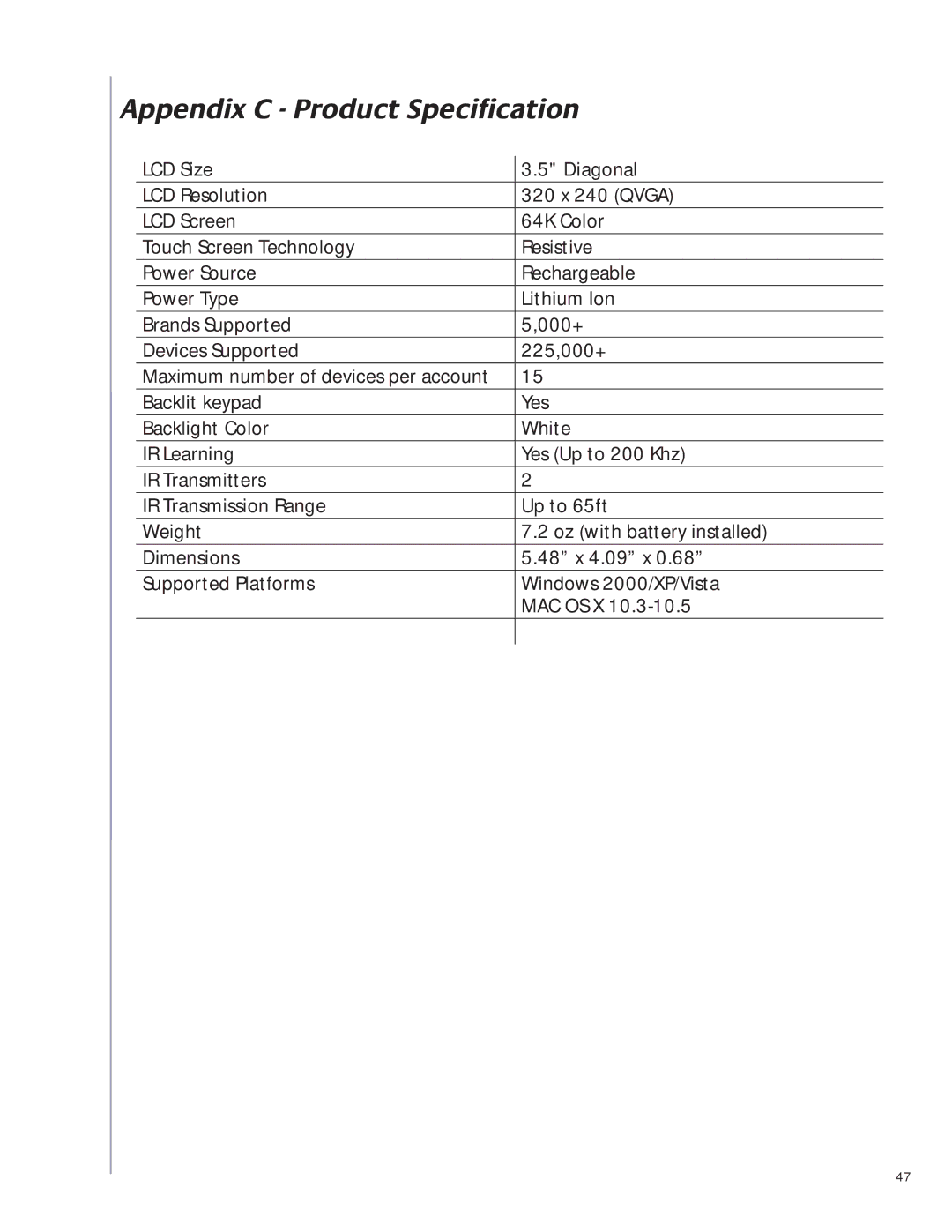 Logitech 1100 user manual Appendix C Product Speciﬁcation 