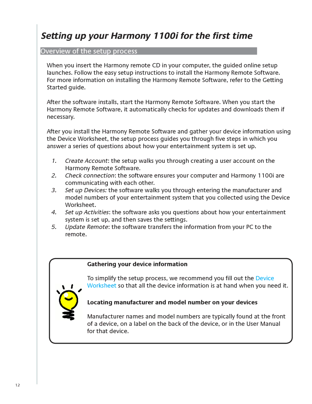 Logitech user manual Setting up your Harmony 1100i for the first time, Overview of the setup process 