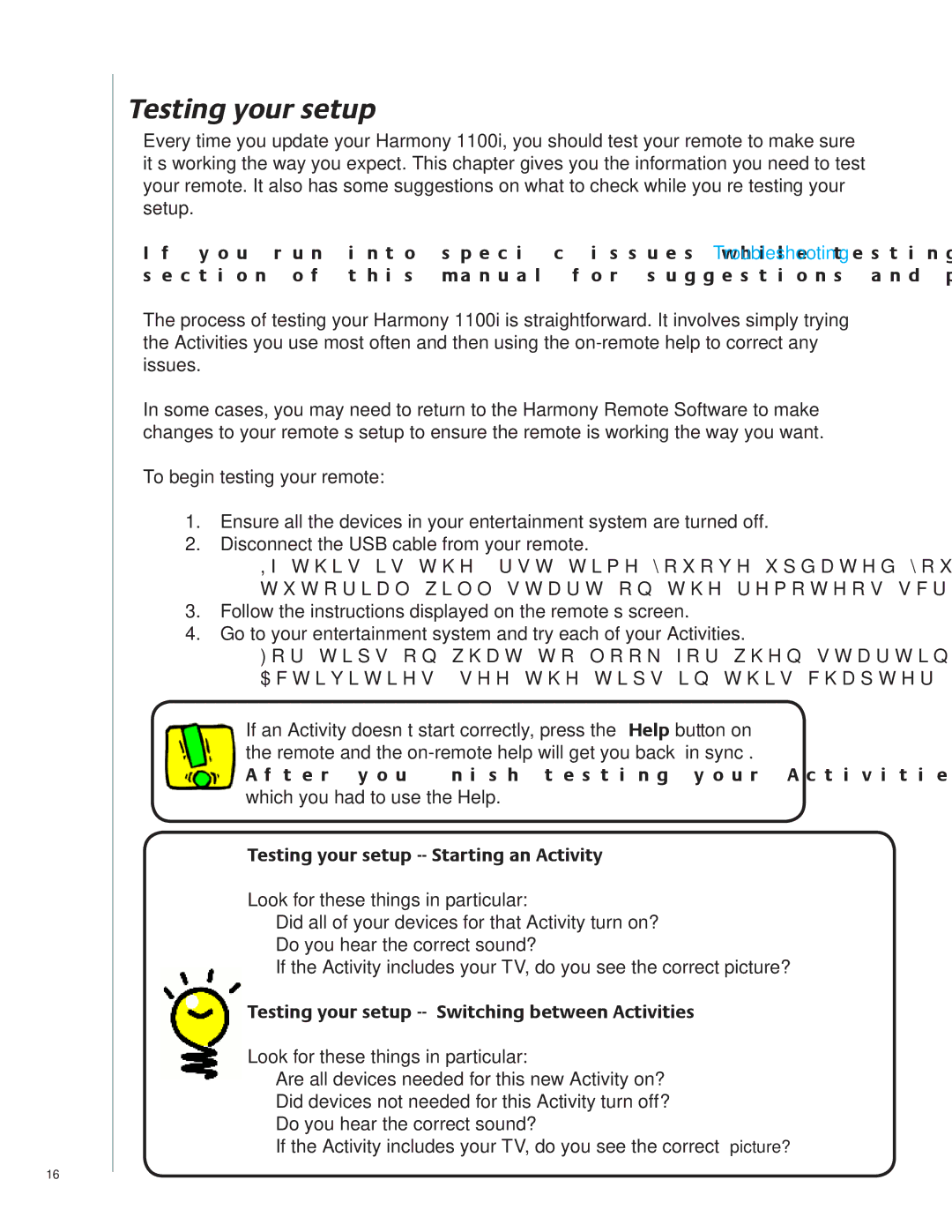 Logitech 1100i Testing your setup -- Starting an Activity, Testing your setup -- Switching between Activities 