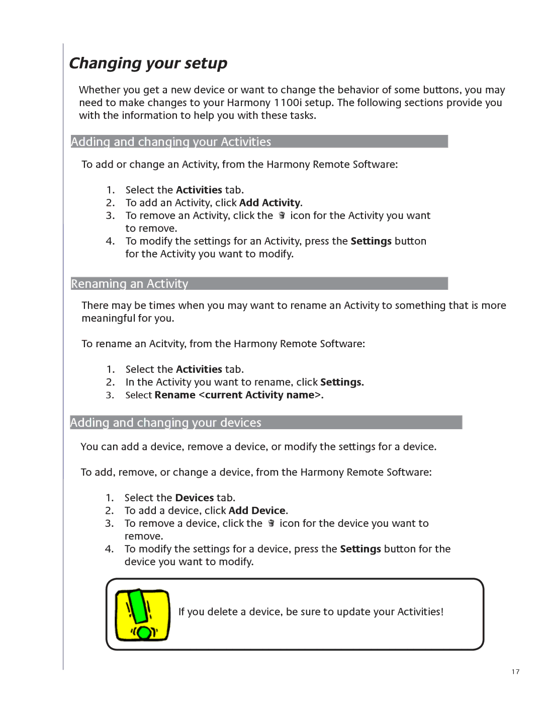 Logitech 1100i user manual Changing your setup, Adding and changing your Activities, Renaming an Activity 