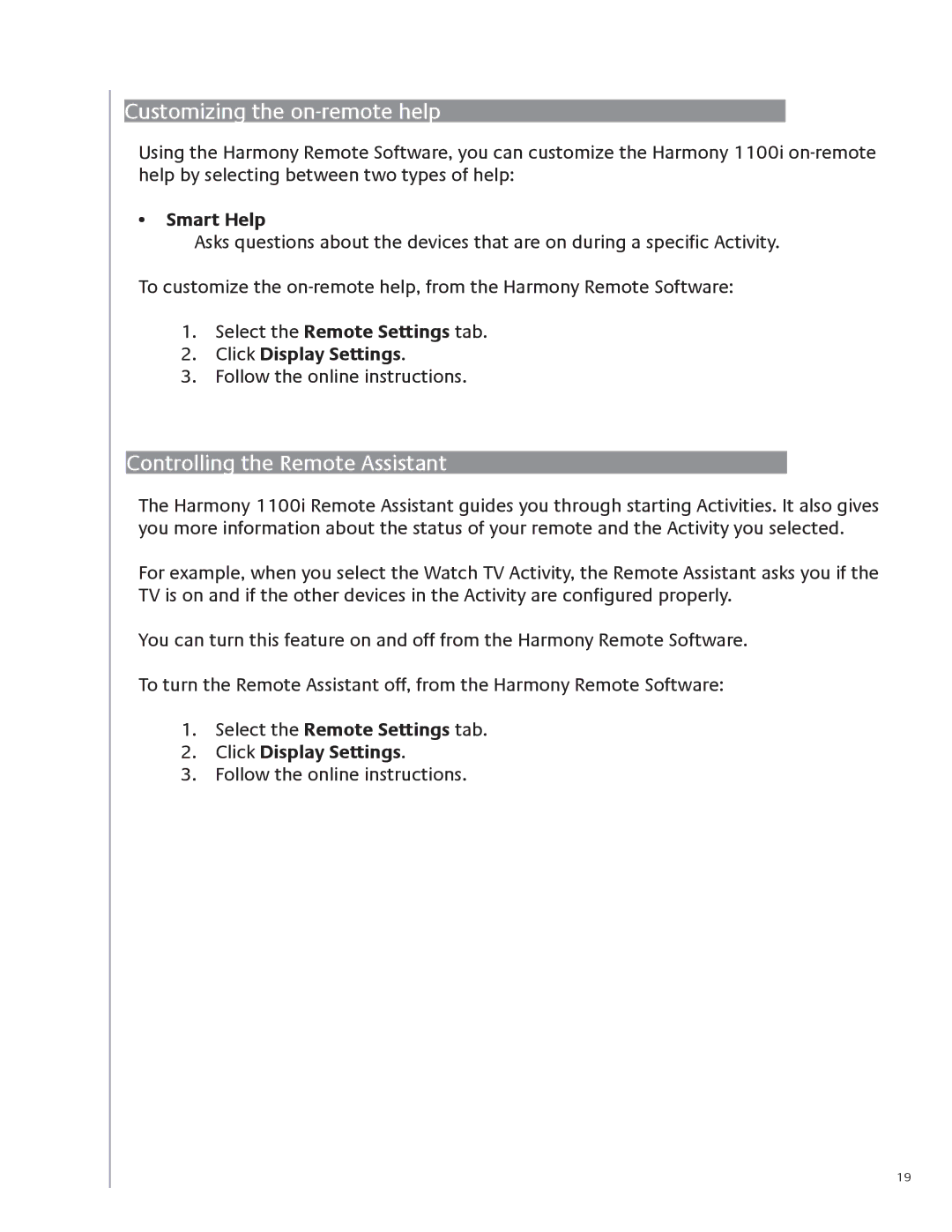 Logitech 1100i user manual Customizing the on-remote help, Controlling the Remote Assistant, Smart Help 