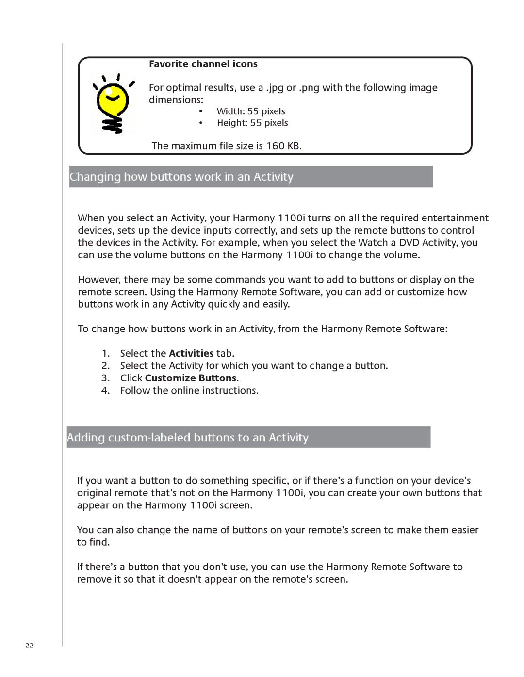 Logitech 1100i user manual Favorite channel icons, Click Customize Buttons 