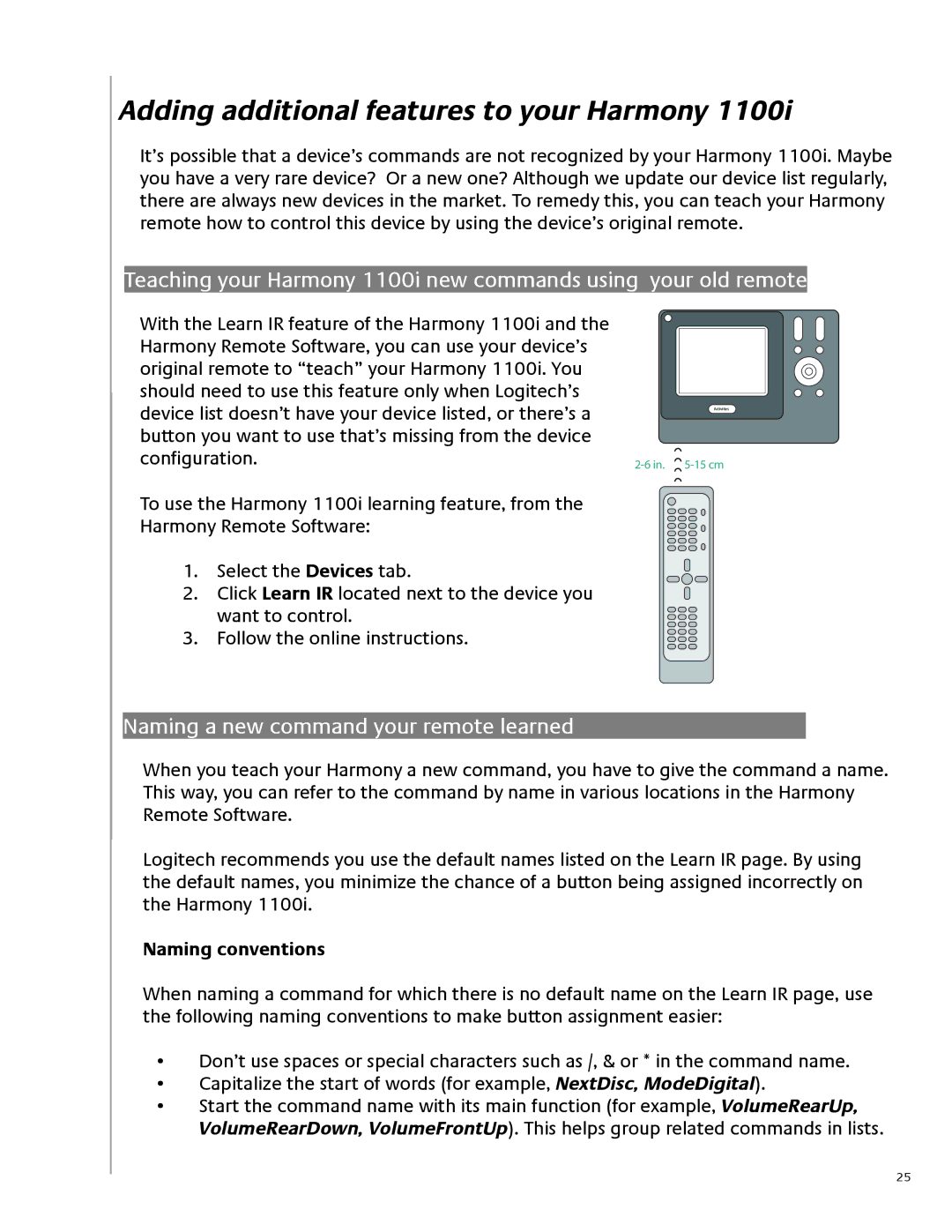 Logitech 1100i Adding additional features to your Harmony, Naming a new command your remote learned, Naming conventions 