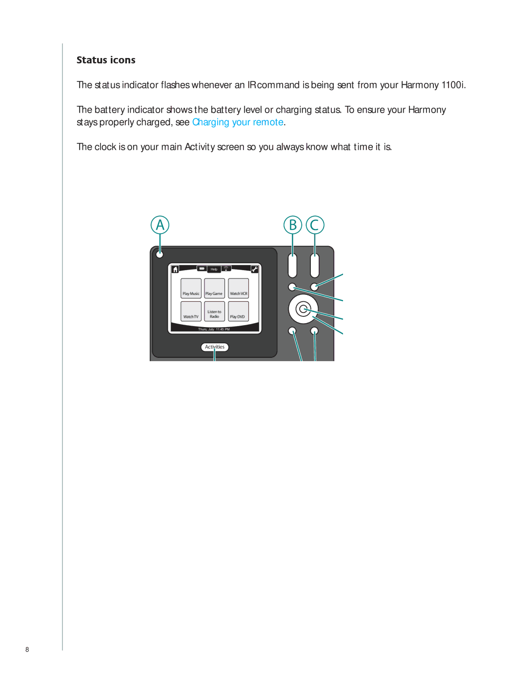 Logitech 1100i user manual Ab C, Status icons 