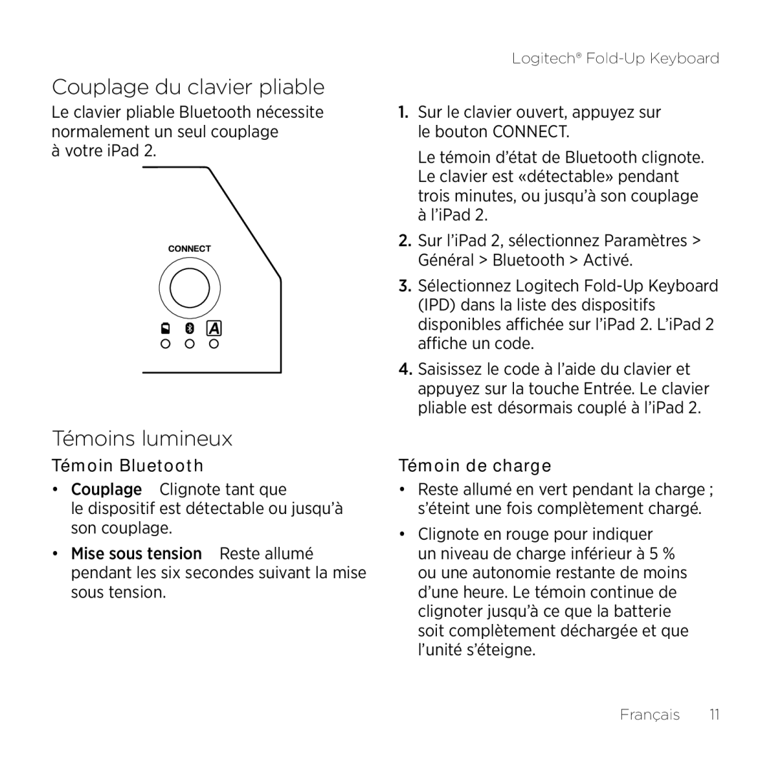 Logitech 2 manual Couplage du clavier pliable, Témoins lumineux 