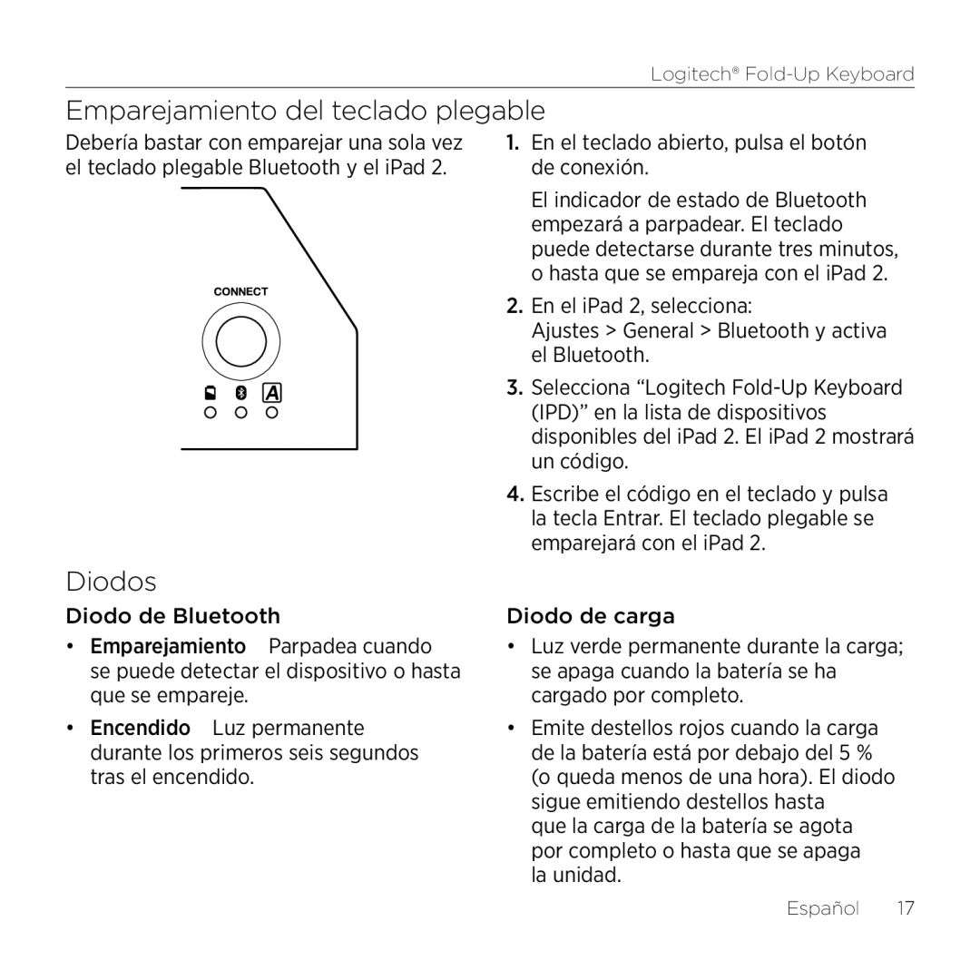 Logitech 2 manual Emparejamiento del teclado plegable, Diodos 