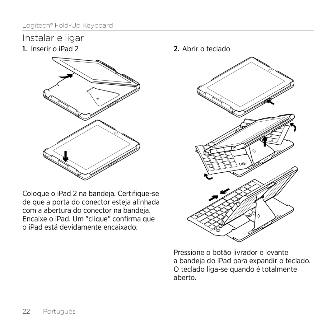 Logitech 2 manual Instalar e ligar, Inserir o iPad 