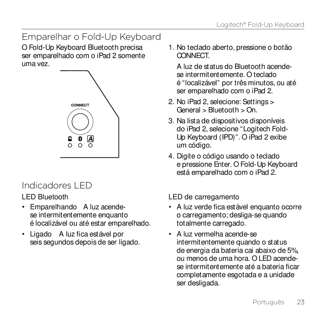 Logitech 2 manual Emparelhar o Fold-Up Keyboard, Indicadores LED 