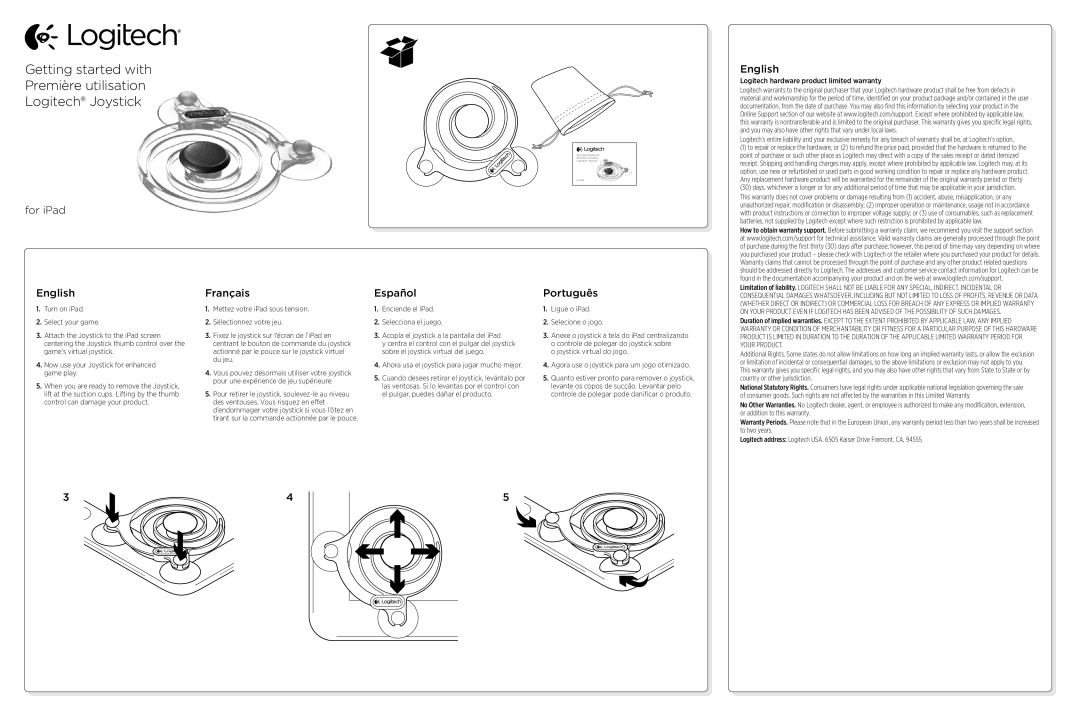 Logitech 3 warranty For iPad, English, Français, Español, Português 