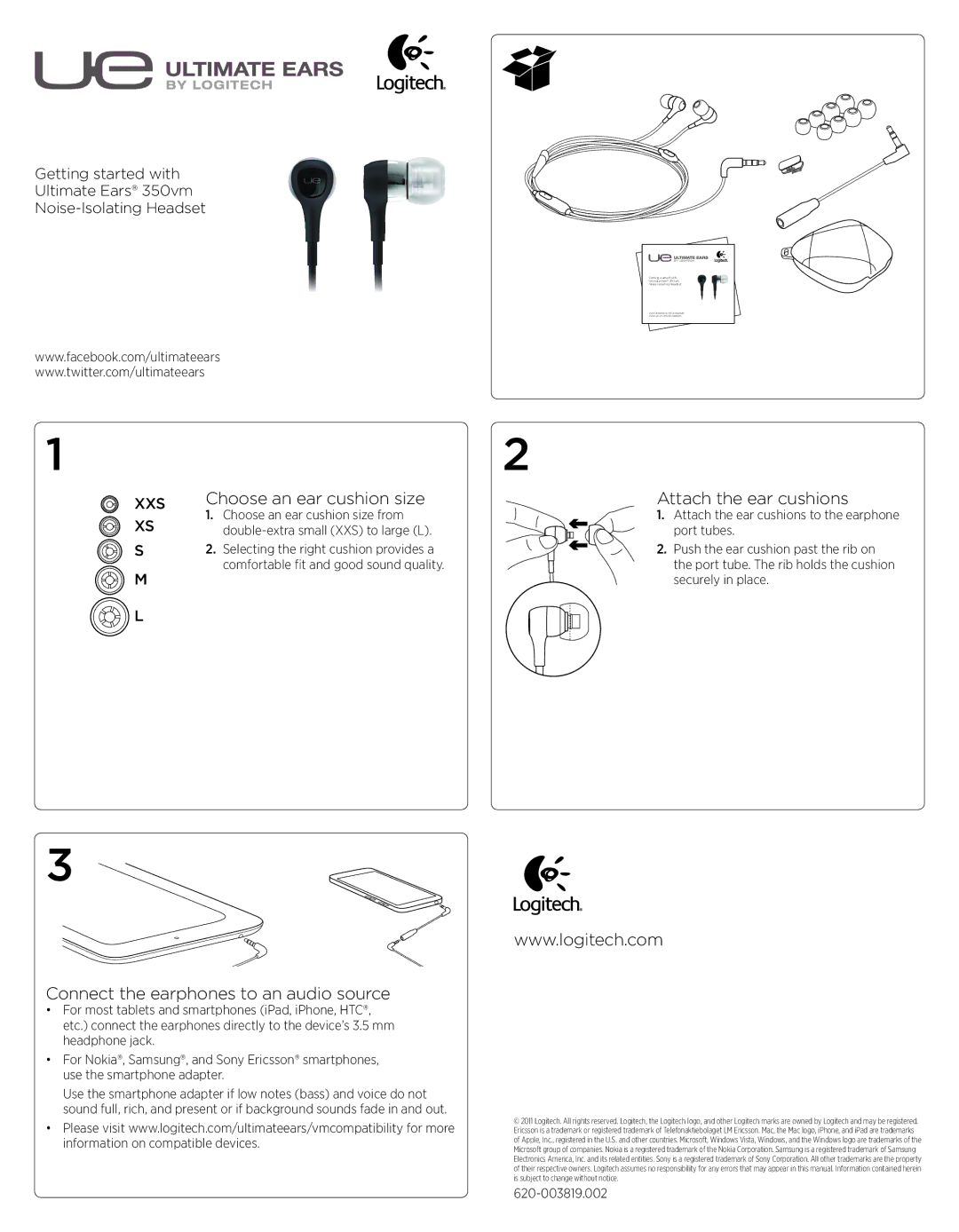 Logitech 350 manual Choose an ear cushion size, Attach the ear cushions, Connect the earphones to an audio source 