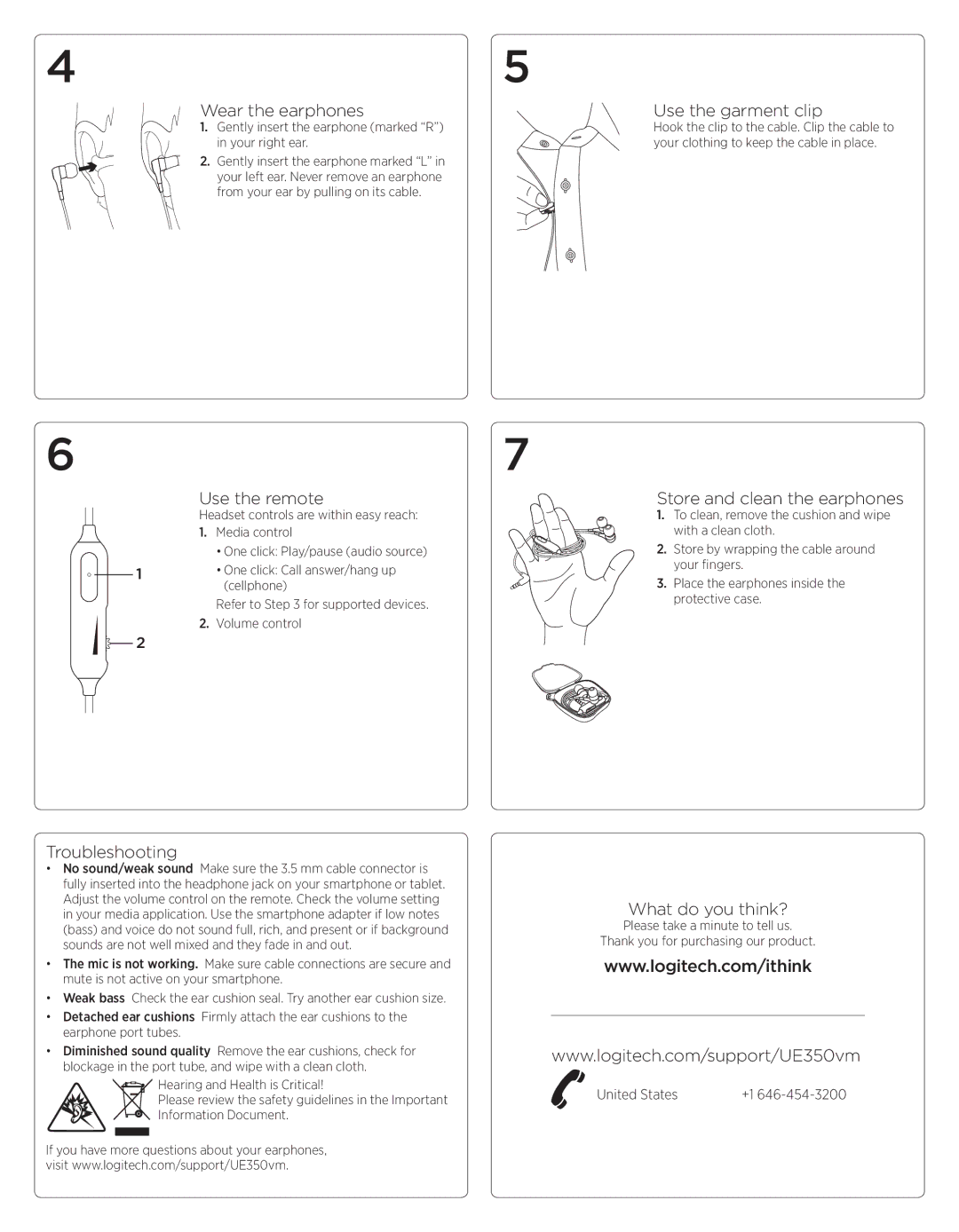 Logitech 350 Wear the earphones, Use the garment clip, Use the remote, Store and clean the earphones, Troubleshooting 