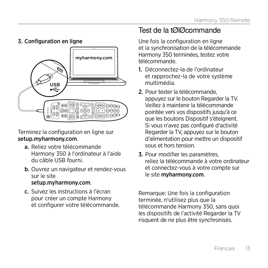 Logitech 350 Test de la télécommande, Configuration en ligne, Pour modifier les paramètres, Le site myharmony.com 