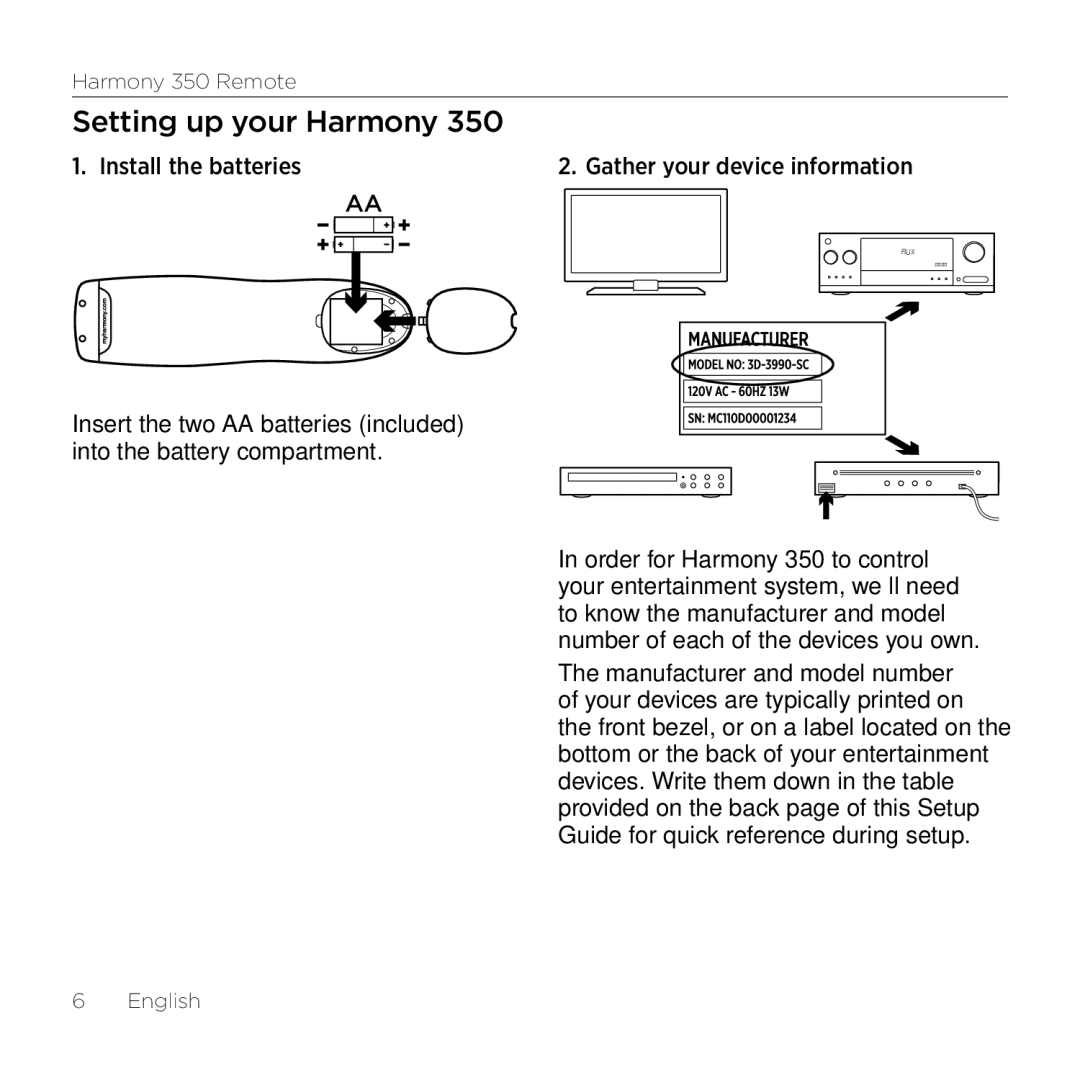 Logitech 350 setup guide Setting up your Harmony, Install the batteries 