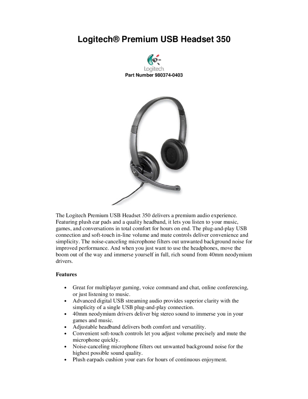 Logitech 350 manual Logitech Premium USB Headset, Features 