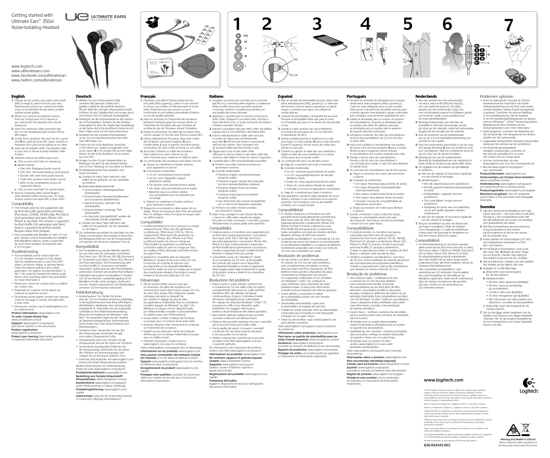 Logitech 350vi manual English, Deutsch, Français, Italiano, Español, Português, Nederlands, Svenska 